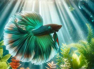 水槽内の綺麗なエメラルドグリーンベタ